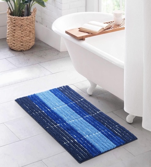 Blue Polyester 32X20 Inches Anti-Skid  Bath Mat