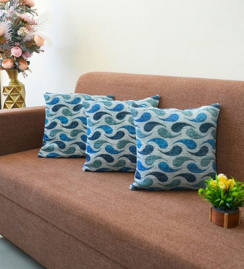 Blue Polyester Abstract 16x16 inches Cushion Covers Set of 3