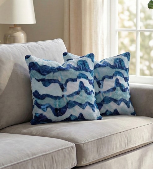 Blue Polyester Abstract 20x20 inches Cushion Covers Set of 2