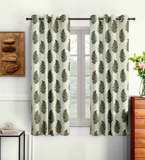 Green Floral Polyester 5 Ft Semisheer Eyelet Window Curtains (Set of 2)