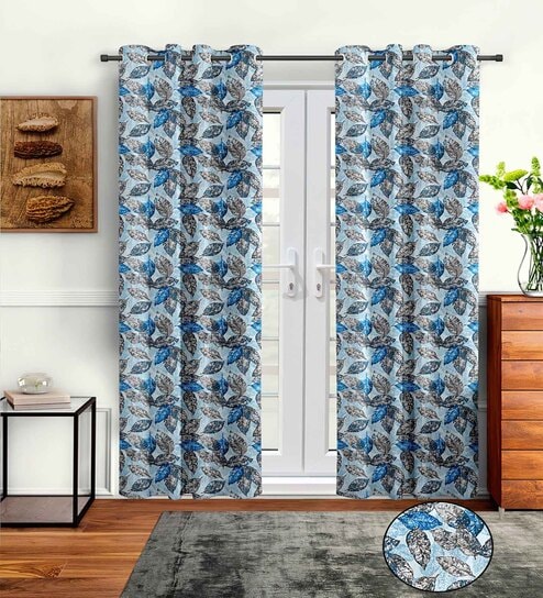 Blue Polyester Floral 7ft Semisheer Eyelet 2 Pc Door Curtains