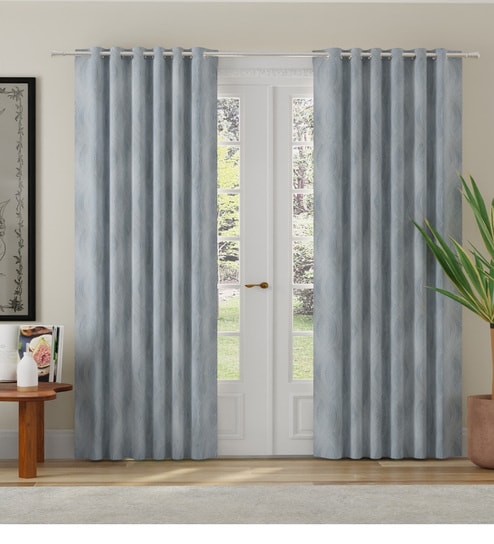 Blue Polyester Abstract 7ft Room Darkening Eyelet Door Curtains (2 Pc)