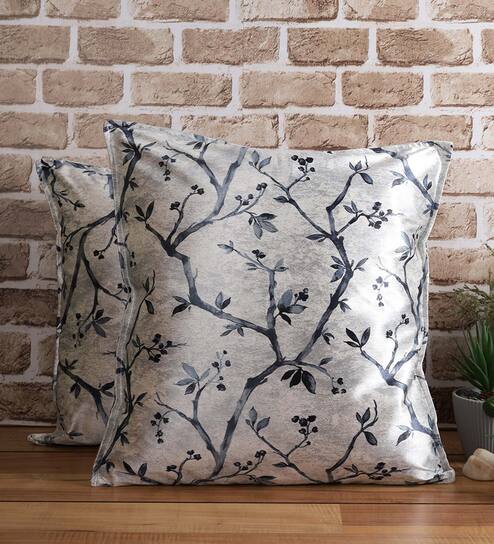 Blue Floral Polyester Blend 24 x 24 Inches Cushion Covers (Set of 2)