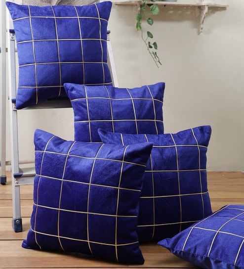 Blue Polyester Checkered 40x40 inches Cushion Covers Set of 5