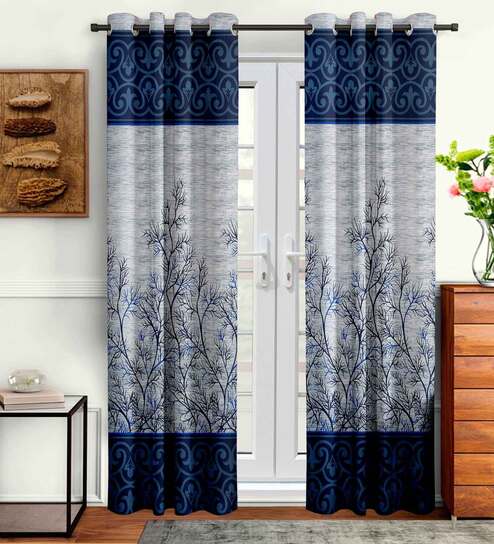 Blue Floral Polyester 9 Ft Semisheer Eyelet Door Curtains (Set of 2)