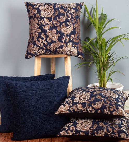 Blue Floral Polyester 16 x 16 Inches Cushion Covers (Set of 5) by Cazimo