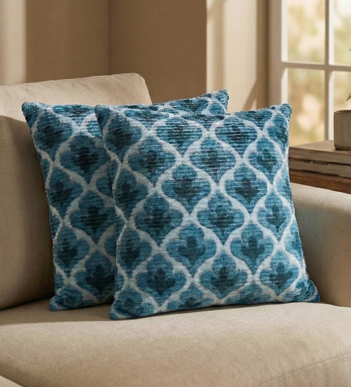 Blue Polyester Floral 16x16 inches Cushion Covers Set of 2
