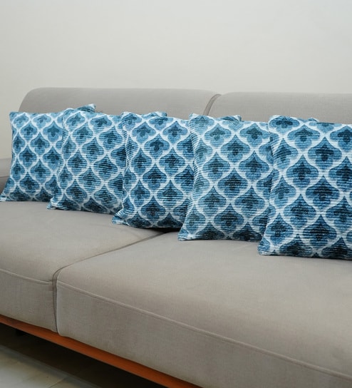 Blue Polyester Floral 16x16 inches Cushion Covers Set of 5