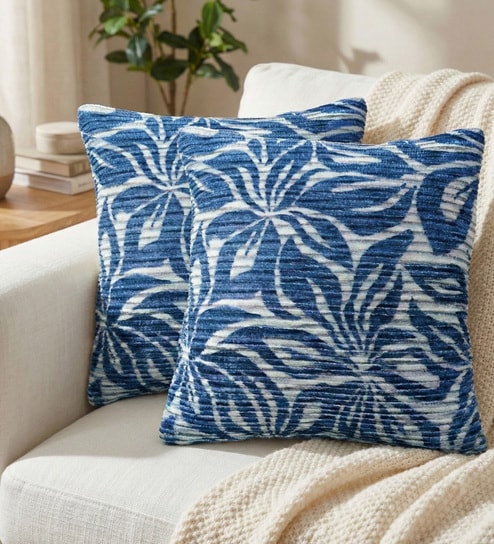 Blue Polyester Floral 16x16 inches Cushion Covers Set of 2