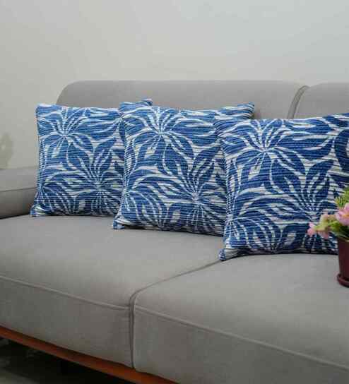 Blue Polyester Floral 16x16 inches Cushion Covers Set of 3
