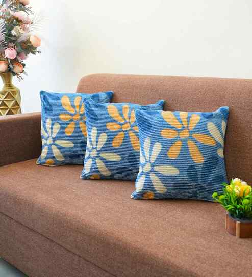 Blue Polyester Floral 16x16 inches Cushion Covers Set of 3