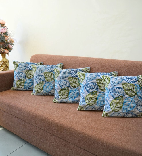 Blue Polyester Floral 16x16 inches Cushion Covers Set of 5