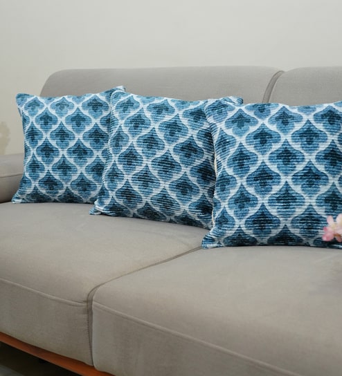 Blue Polyester Floral 18x18 inches Cushion Covers Set of 3