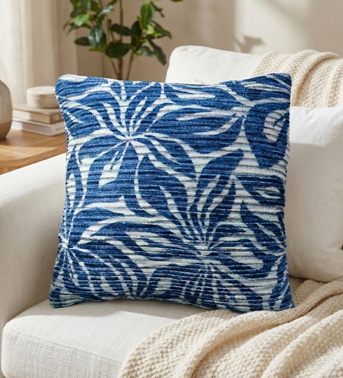 Blue Polyester Floral 18x18 inches Cushion Cover