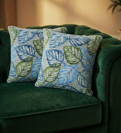 Blue Polyester Floral 18x18 inches Cushion Covers Set of 2