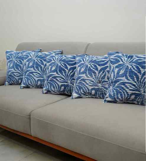 Blue Polyester Floral 18x18 inches Cushion Covers Set of 5