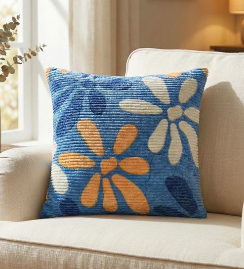 Blue Polyester Floral 20x20 inches Cushion Cover