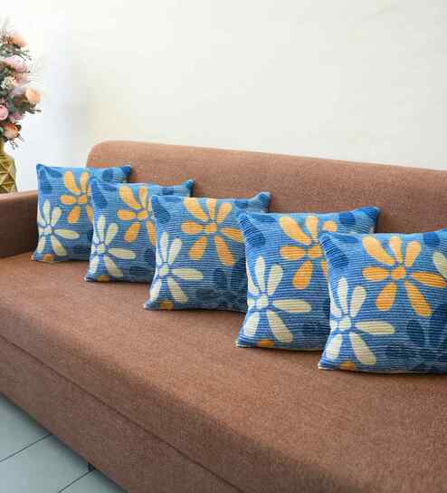 Blue Polyester Floral 20x20 inches Cushion Covers Set of 5