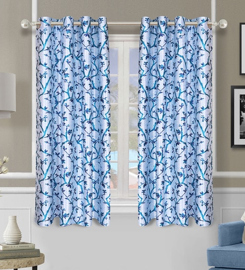 Blue Polyester Floral Light Filtering Eyelet 5 Feet Window Curtains (2 Pc)
