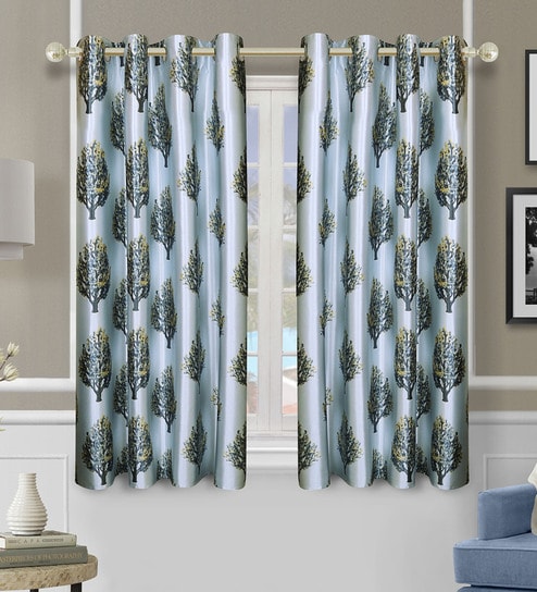 Blue Polyester Floral Light Filtering Eyelet 5 Feet Window Curtains (2 Pc)