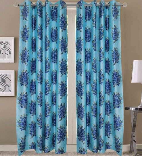 Blue Floral Polyester 5 Ft Blackout Eyelet Window Curtains (Set of 2)