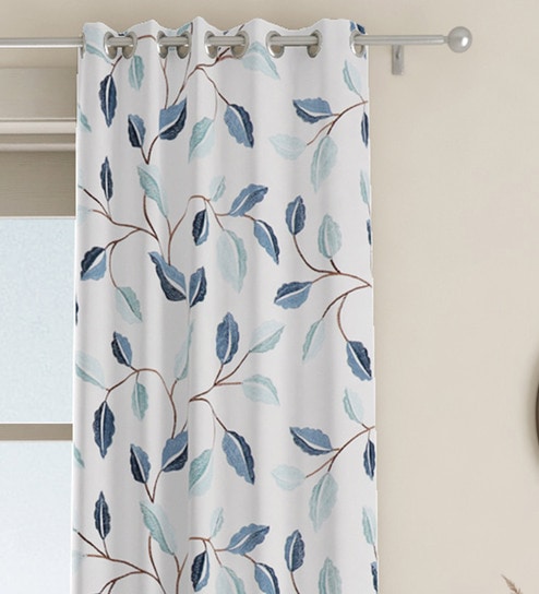Blue Floral Polyester 7 Ft Blackout Eyelet Door Curtain by GM Fabrics