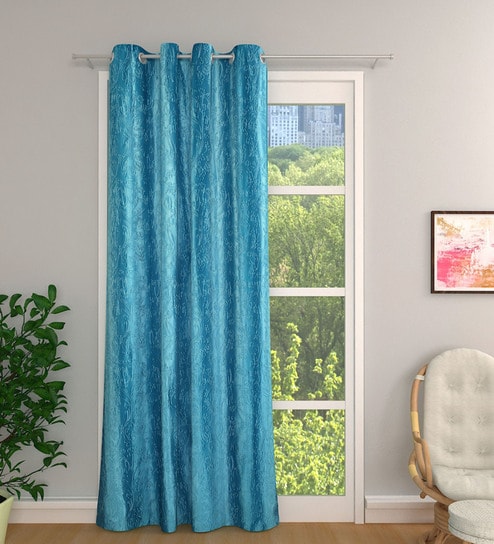 Blue Polyester Floral Light Filtering Eyelet 7 Feet Door Curtain