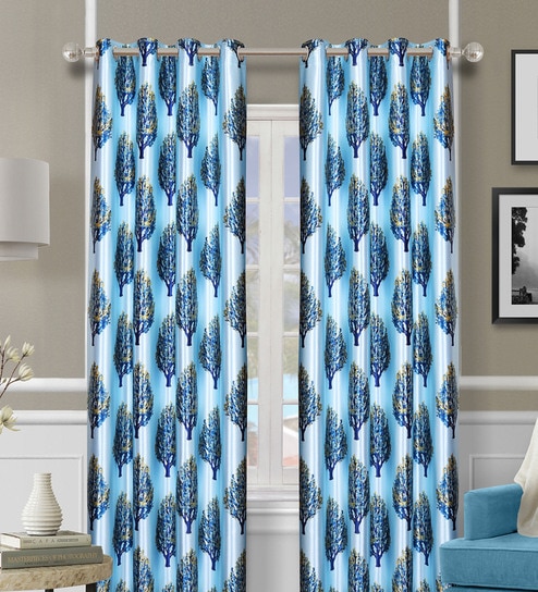 Blue Polyester Floral Light Filtering Eyelet 7 Feet Door Curtains (2 Pc)