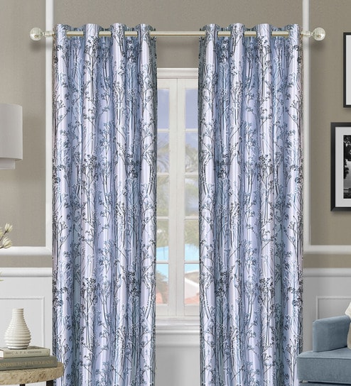 Blue Polyester Floral Light Filtering Eyelet 7 Feet Door Curtains (2 Pc)