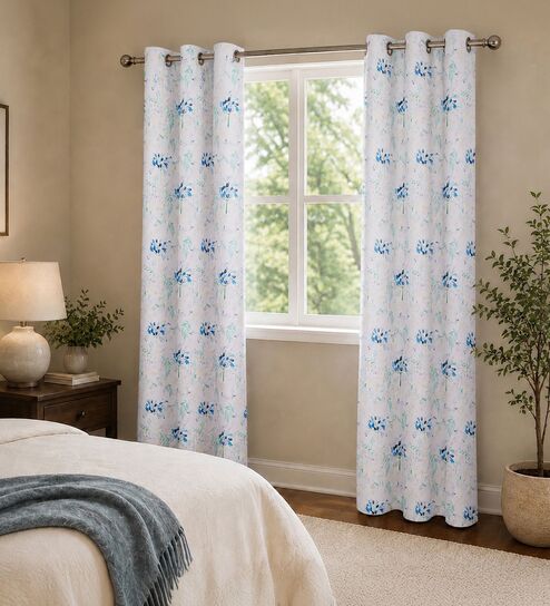 Blue Polyester Floral 7ft Room Darkening Eyelet Door Curtains (2 Pc)