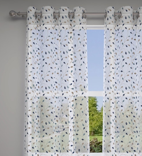 Blue Floral Polyester 7 Ft Sheer Eyelet Door Curtains (Set of 2) by GM Fabrics