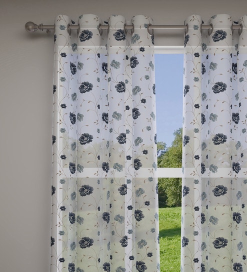Blue Floral Polyester 7 Ft Sheer Eyelet Door Curtains (Set of 2) by GM Fabrics