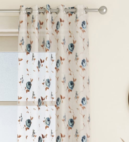 Blue Floral Polyester 7 Ft Sheer Eyelet Door Curtain by GM Fabrics