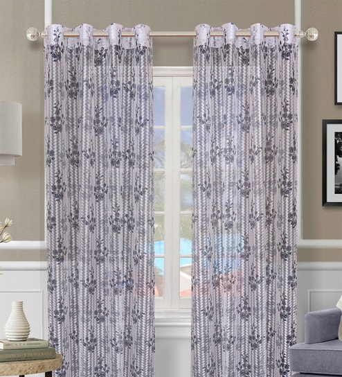 Blue Polyester Floral Light Filtering Eyelet 9 Feet Door Curtains (2 Pc)