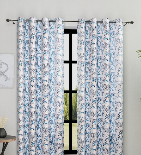 Blue Polyester Floral Light Filtering Eyelet 9 Feet Door Curtains (2 Pc)