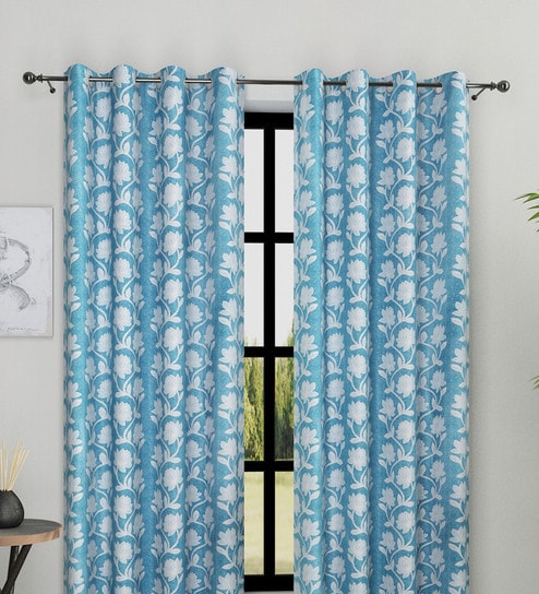 Blue Polyester Floral Light Filtering Eyelet 9 Feet Door Curtains (2 Pc)