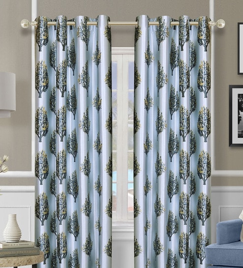 Blue Polyester Floral Light Filtering Eyelet 9 Feet Door Curtains (2 Pc)