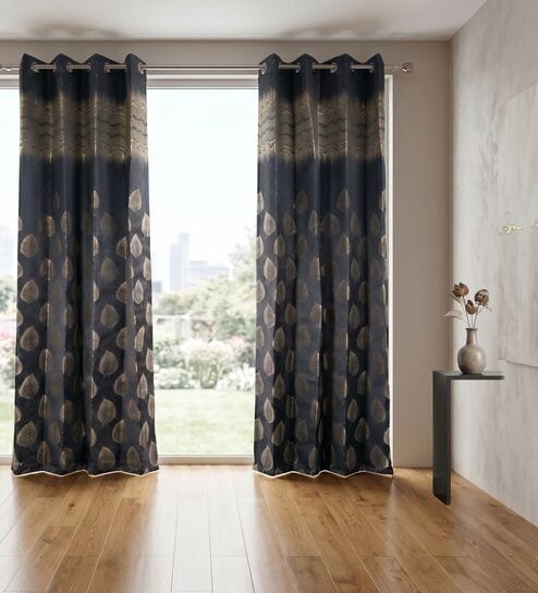 Blue Polyester Floral 9Ft Light Filtering Eyelet Long Door Curtain
