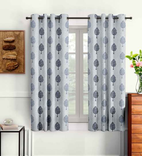 Grey Floral Polyester 5 Ft Semisheer Eyelet Window Curtains (Set of 2)