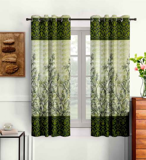 Green Floral Polyester 5 Ft Semisheer Eyelet Window Curtains (Set of 2)