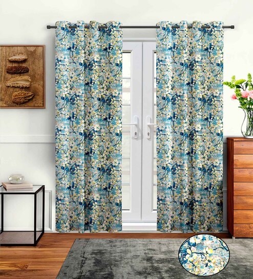 Blue Polyester Floral 9ft Semisheer Eyelet 2 Pc Long Door Curtains