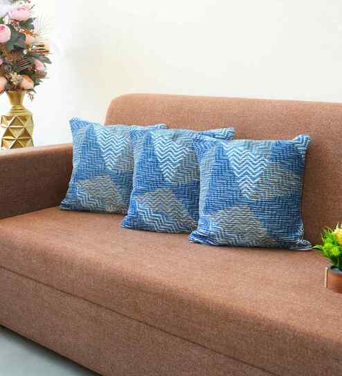 Blue Polyester Geometric 16x16 inches Cushion Covers Set of 3