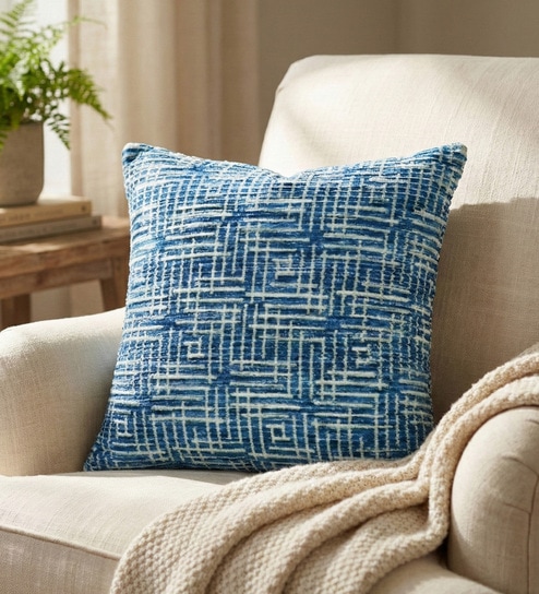 Blue Polyester Geometric 18x18 inches Cushion Cover