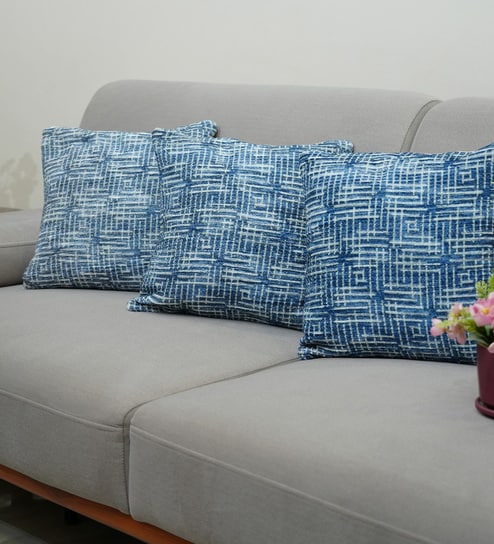 Blue Polyester Geometric 18x18 inches Cushion Covers Set of 3