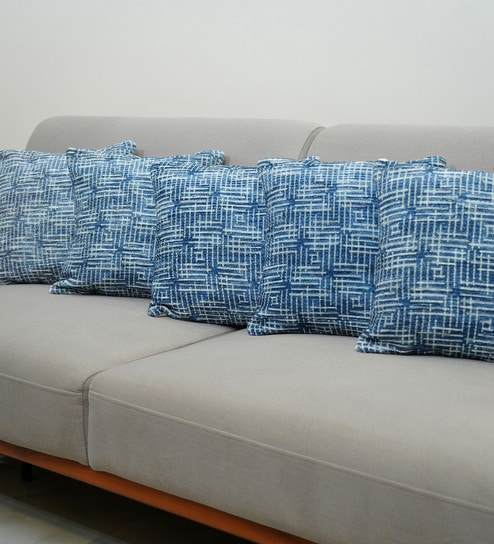 Blue Polyester Geometric 18x18 inches Cushion Covers Set of 5