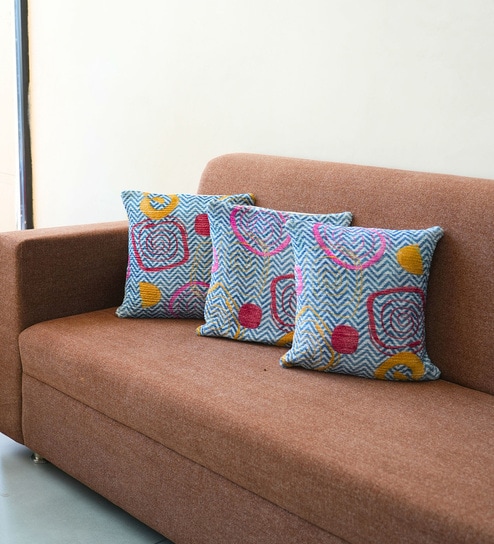 Blue Polyester Geometric 20x20 inches Cushion Covers Set of 3