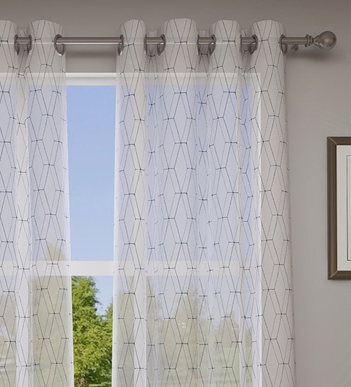 Blue Geometric Polyester 7 Ft Sheer Eyelet Door Curtains (Set of 2) by GM Fabrics