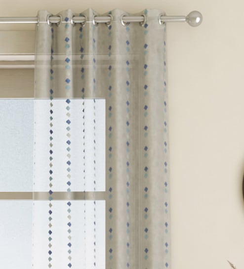 Blue Geometric Polyester 7 Ft Sheer Eyelet Door Curtain by GM Fabrics