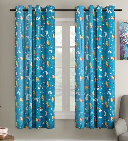 Buy Blue Polyester Glow In Dark Room Kids Curtain Set Of 2 By