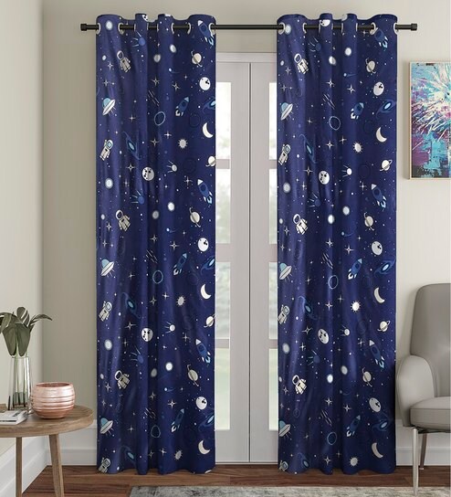Buy Blue Polyester Glow In Dark Room Kids Curtain Set Of 2 By